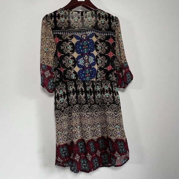 BeBop Black Print Sheer Mini Dress Size Medium Boho‎ Festival Dress - Picture 3 of 15